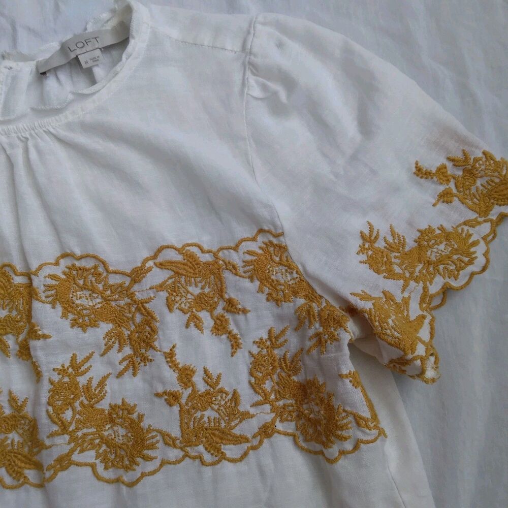 Ann Taylor Loft Blouse Linen Blend Embroided Peasant Boho Women's Size M - Picture 6 of 12